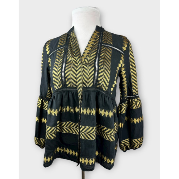 Kasia Blouse Black & Gold Balloon Sleeve Boho Geometric Babydoll Top Size Small - Picture 4 of 13